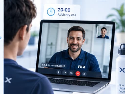 Young footballer speaking with an agent during an online discovery call.