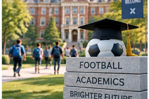 University campus with students walking to class and a graduation cap resting on a football.