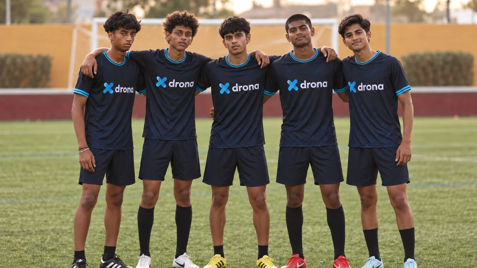 Five players in Xdrona kit standing arm in arm on a pitch before a trial.